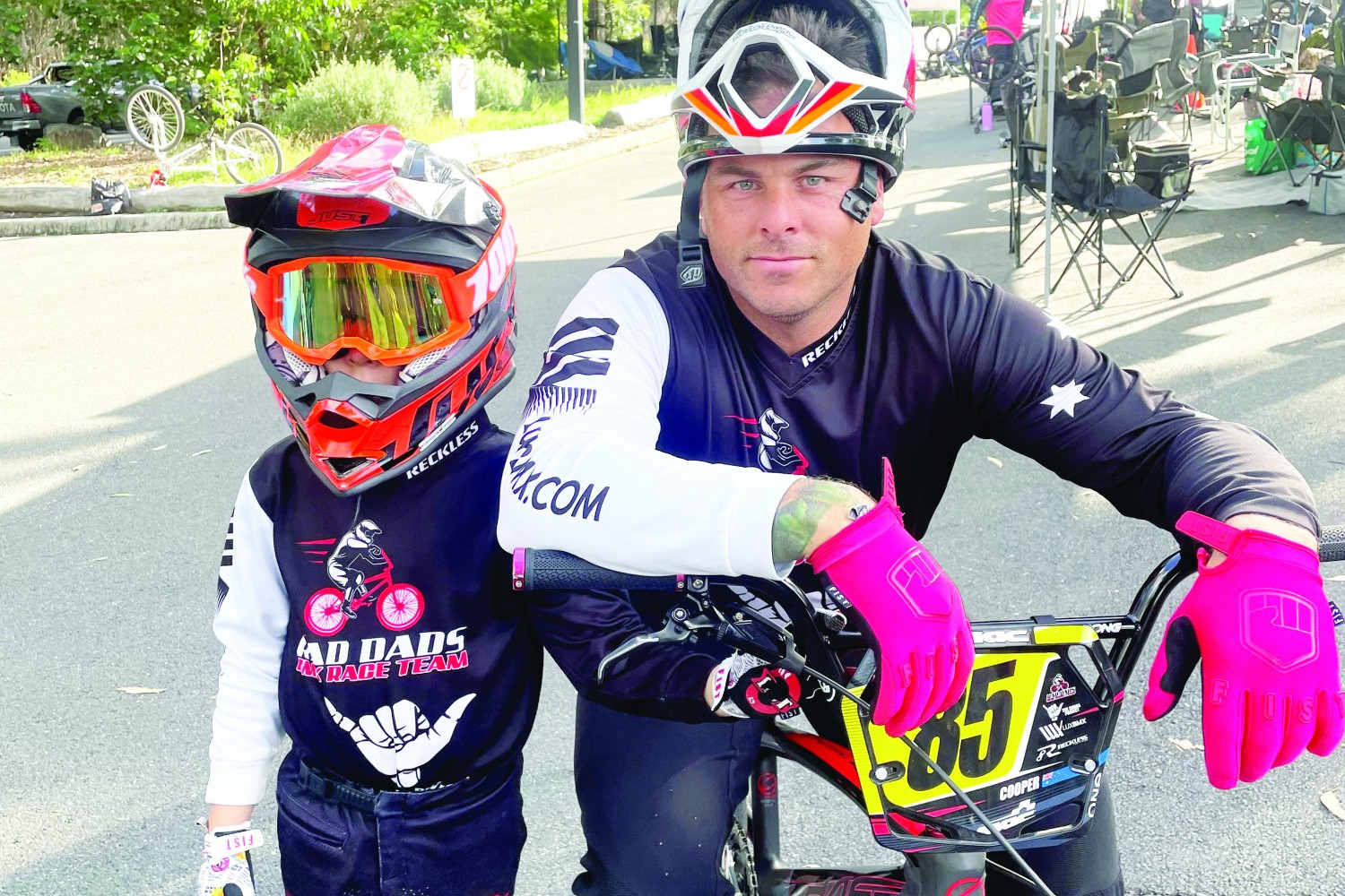 Good luck: Former Camperdown resident Simon Cooper, pictured with son Murphy, is on the way to France to compete in the BMX World Championships