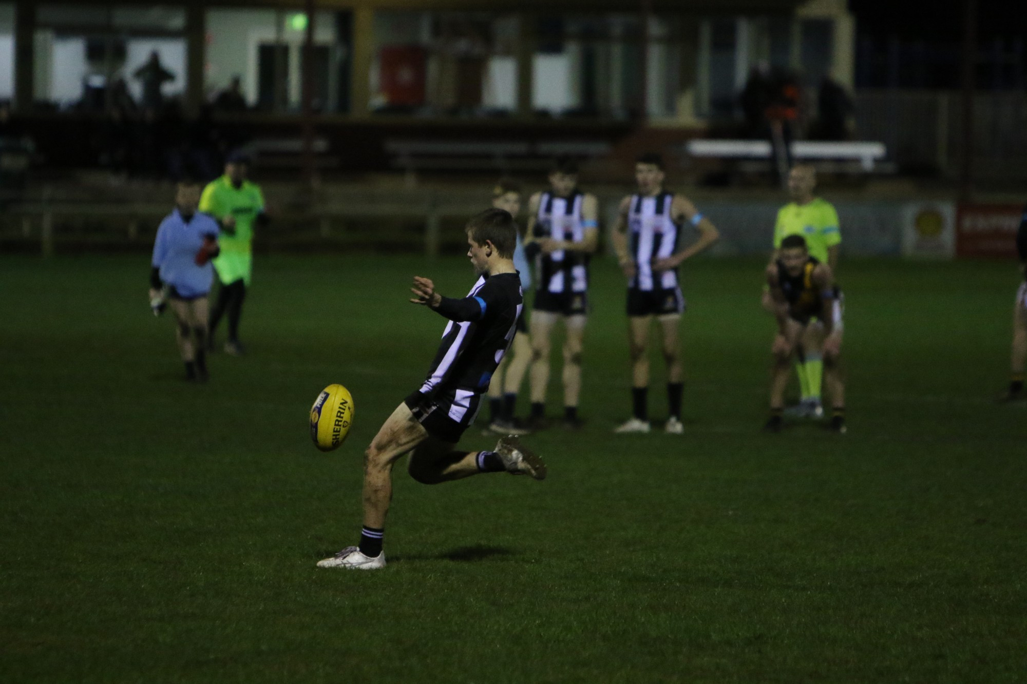 Scored: senior debutante Thomas Baker lines up for his first goal.