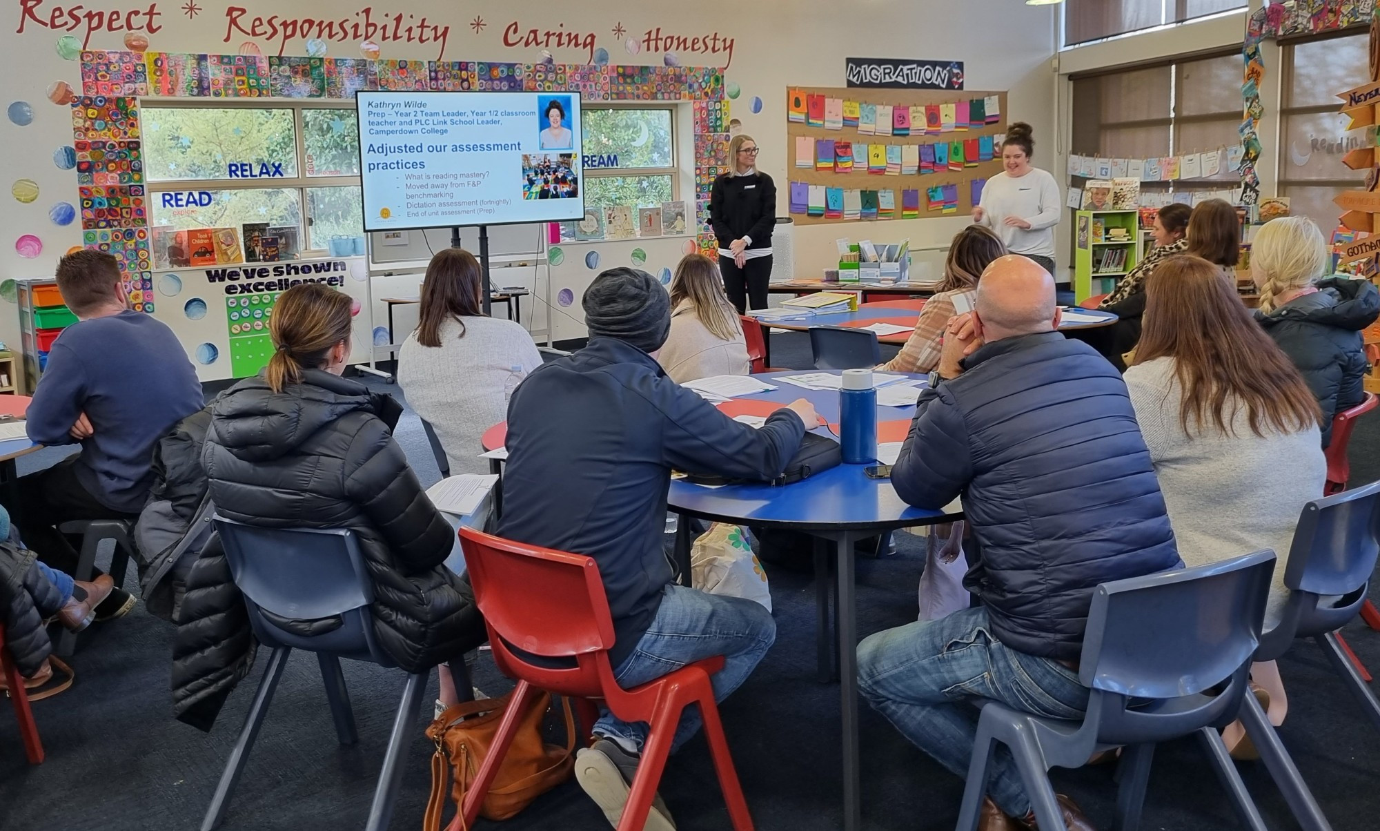 Education: Polly Smith teaching her Prep class being observed by visiting teachers.