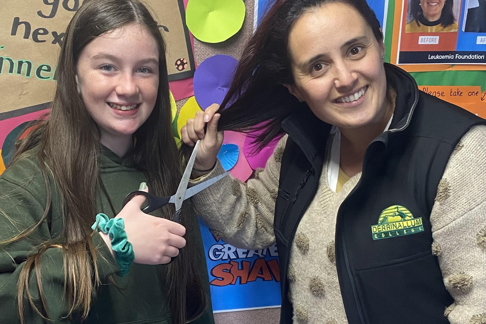 Fundraiser: Derrinallum P-12 College principal Caitlyn Fitzgerald, pictured with junior school captain Amy, could lose her locks if $5000 is raised for the World’s Greatest Shave by next Friday.