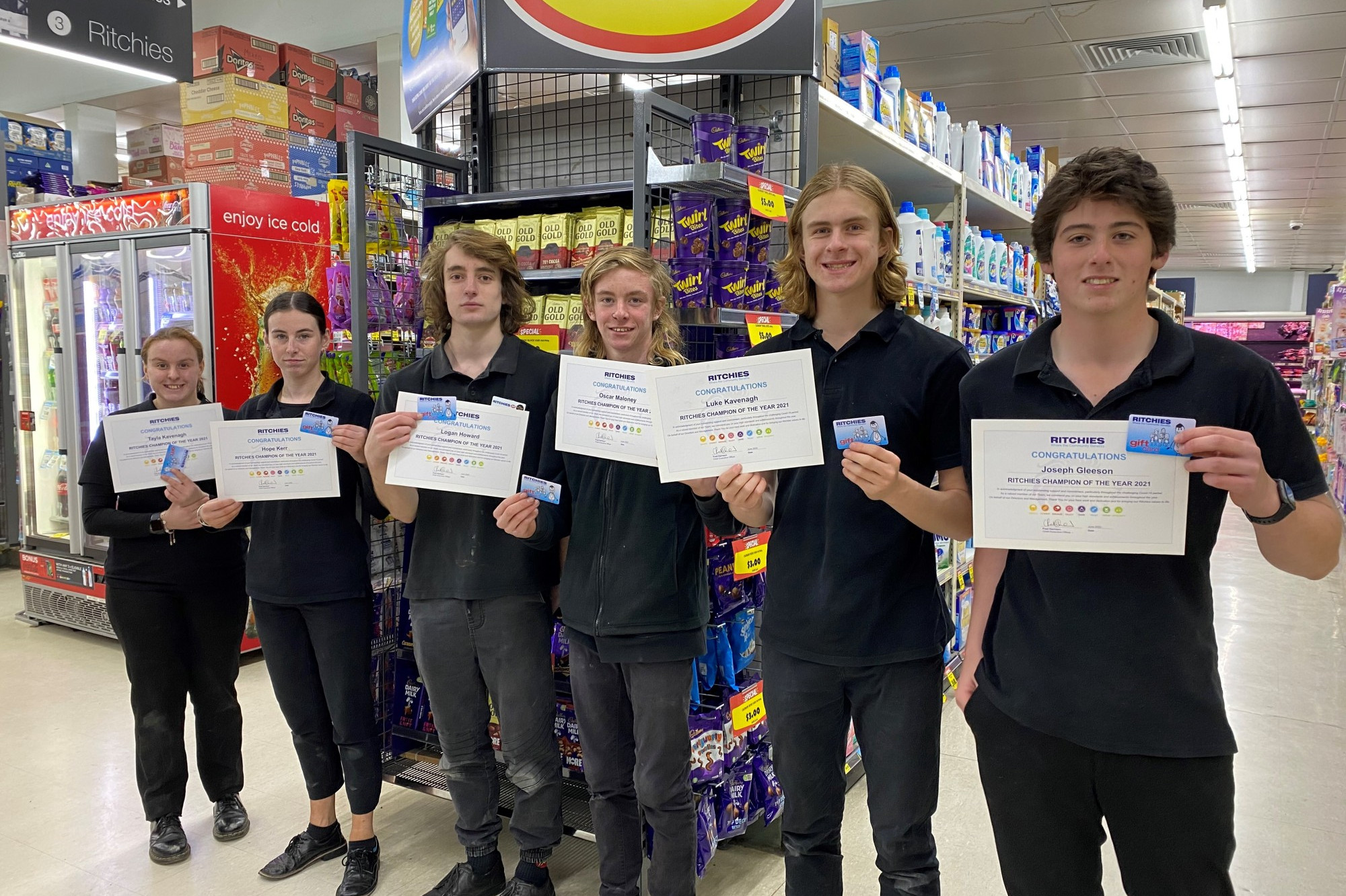 Congratulations: Ritchies IGA staff members Tayla Kavenagh (from left), Hope Kerr, Logan Howard, Oscar Maloney, Luke Kavenagh and Joseph Gleeson were among those to receive a gift card and certificate, after all Ritchies IGA staff members were recognised as the 2021 Team Member of the Year.