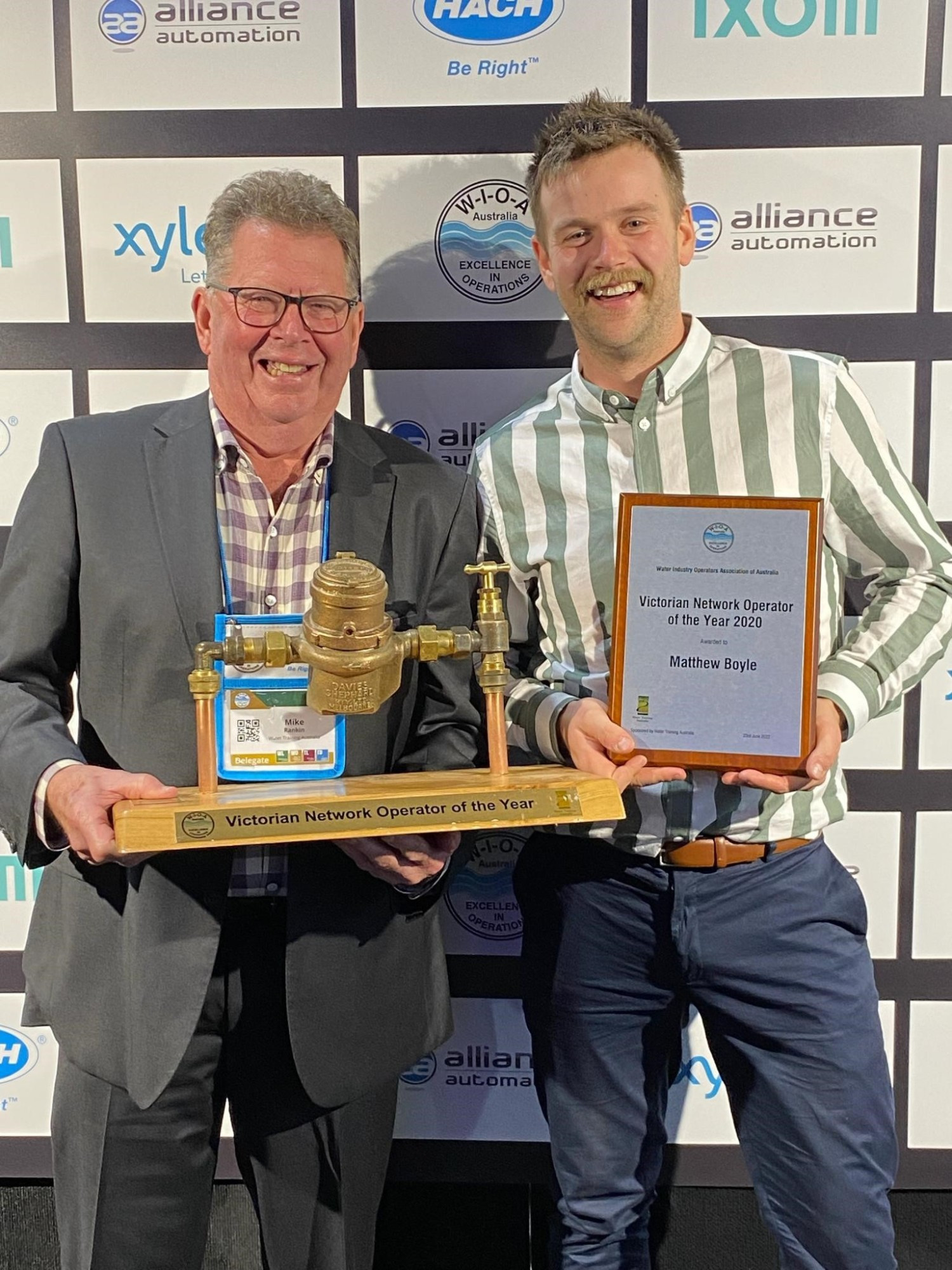 Congratulations: Wannon Water’s Matthew Boyle (right) is presented with his award in Bendigo by Mike Rankin from Water Training Australia.