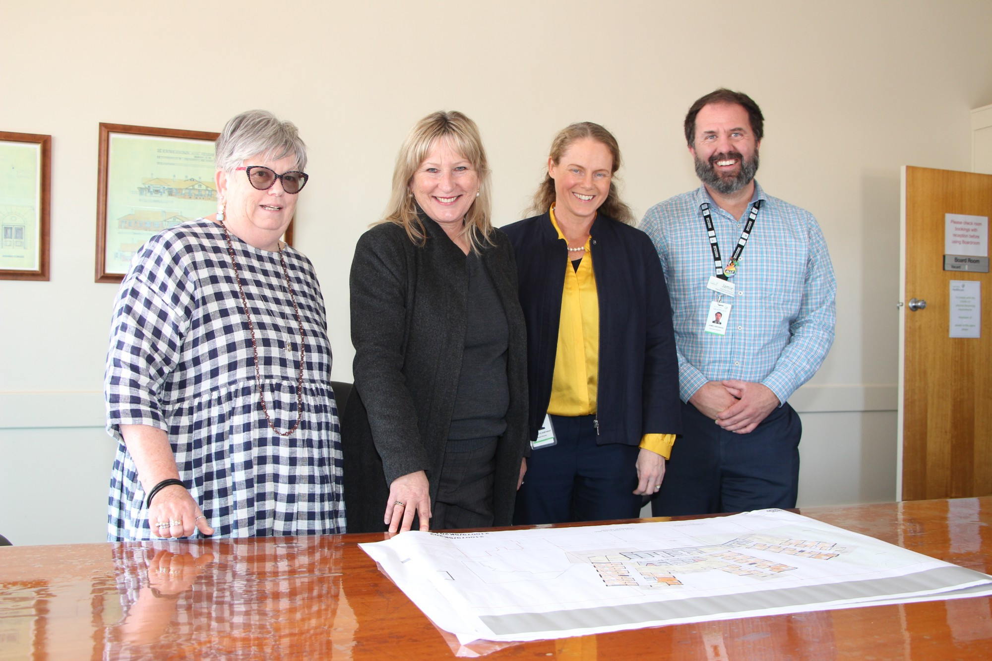 Budget win: Labor Member for Western Victoria Gayle Tierney (second) visited Camperdown on Tuesday to announce funding for a new 36-bed aged care facility. Also pictured are SWH’s Janine Dureau-Finn, Bernadette Northeast and Jamie Brennan.