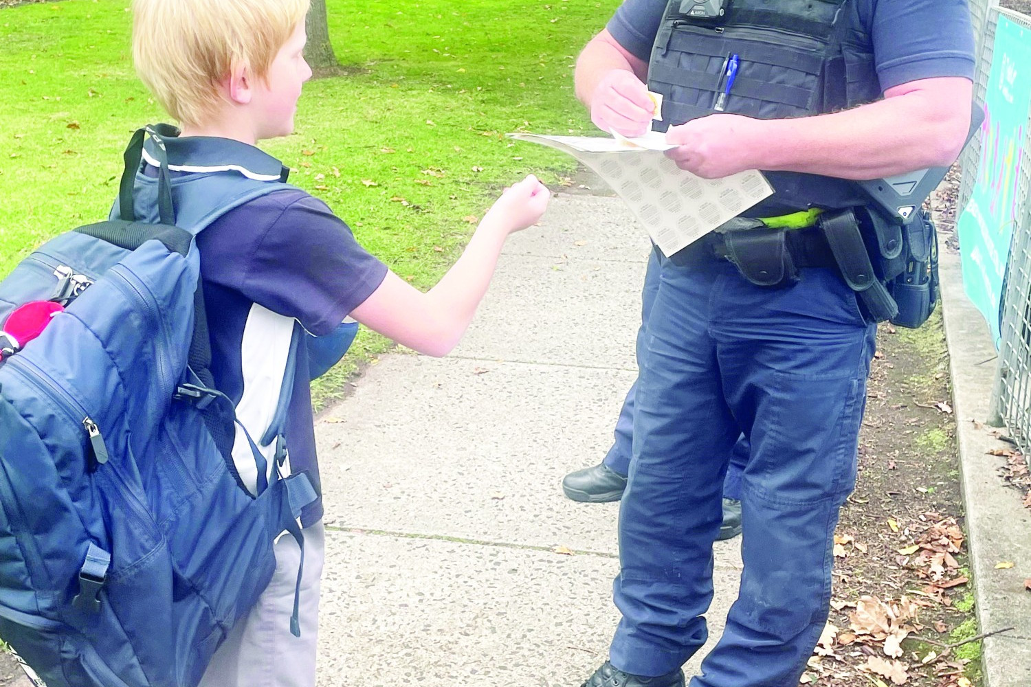 Community initiative: Camperdown Police Act Sgt Don Camilleri welcomed Camperdown College’s Crawford Dunn to school last Friday as part of National Walk to School Day.