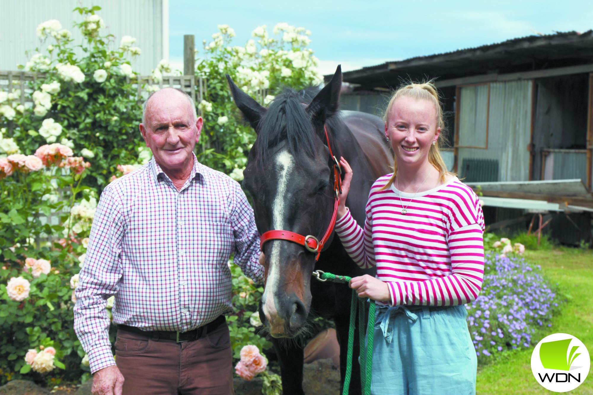 Veteran trainer Denis Daffy (left) and his assistant trainer Harriet Place with Fabian’s Spirit.