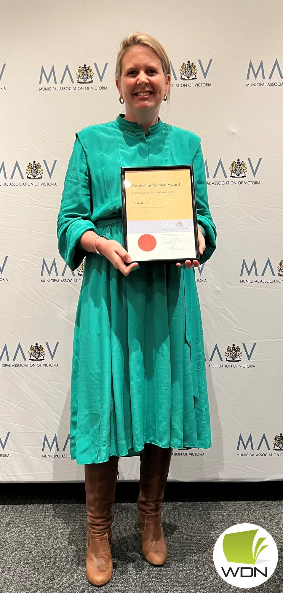 Long service recognised: Corangamite Shire councillor Jo Beard was presented with a service award from the MAV for her years on the council.