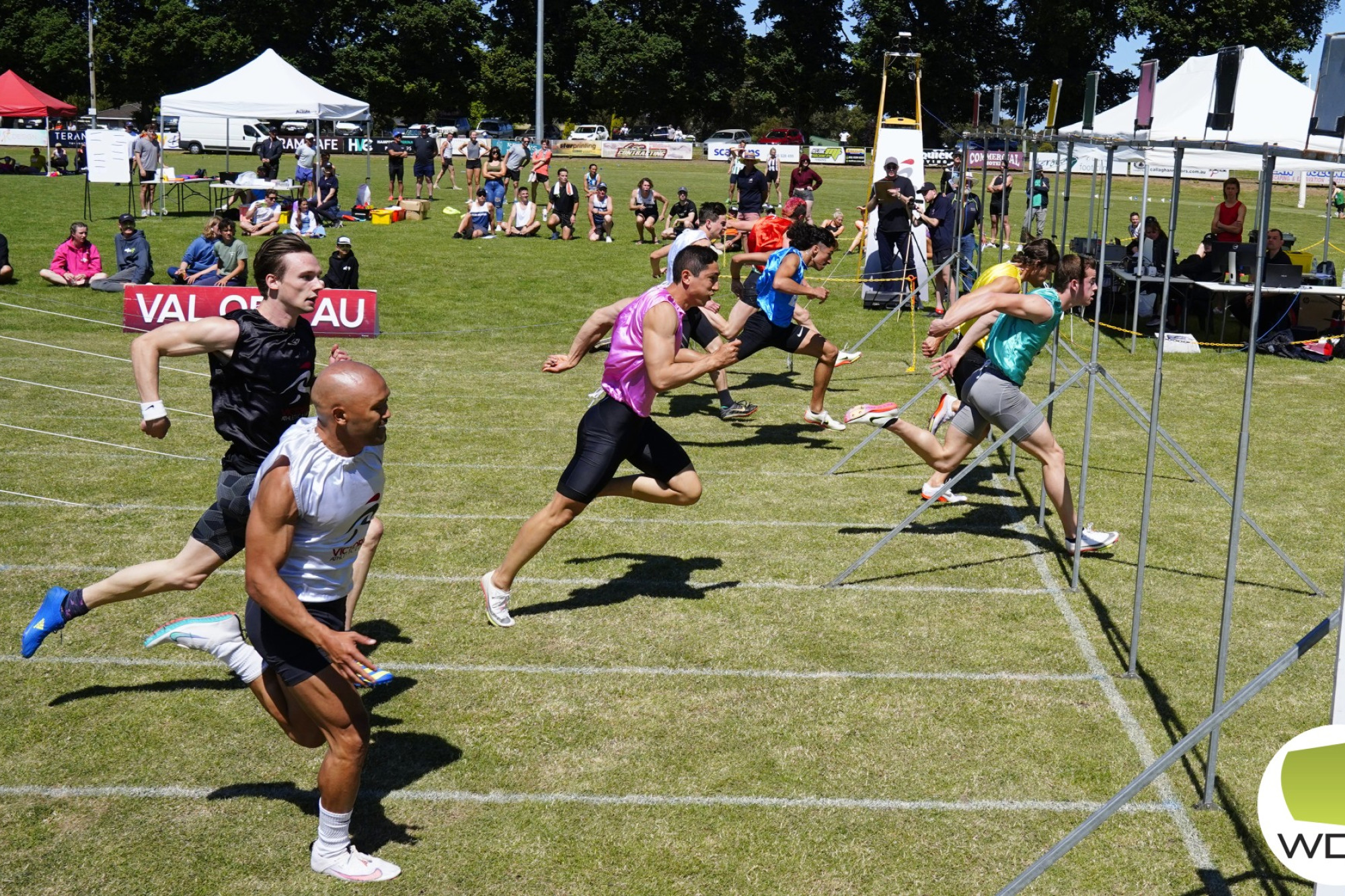 On your marks: The iconic Terang Gift is set to return next weekend. Pictured is the finish of the 120 metre open gift final last year.