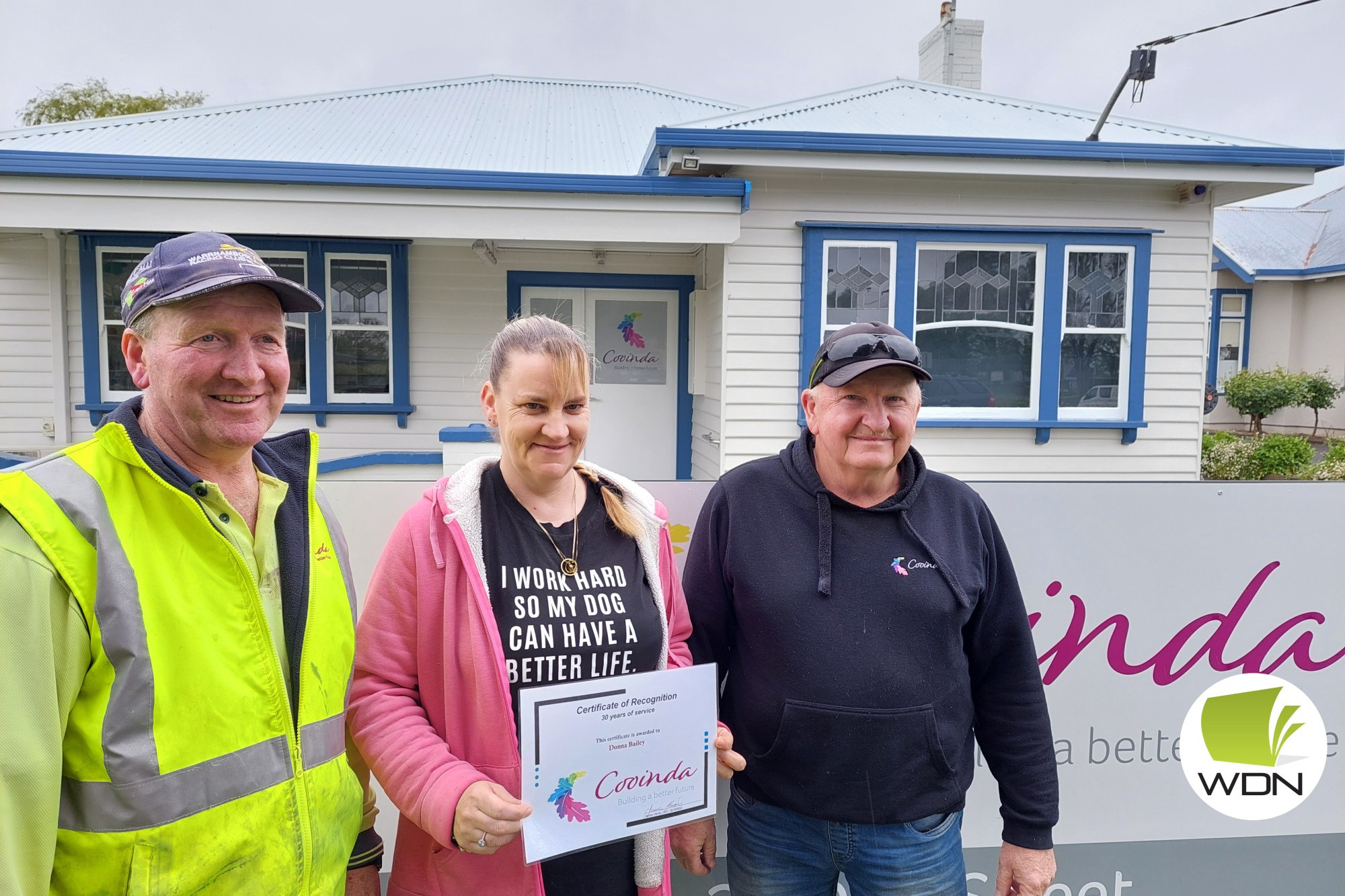 Congratulations: Damian Lenehan, Donna Bailey and Daryl Wallace notched up 30 years of service to Cooinda as the organisation moves from strength to strength.