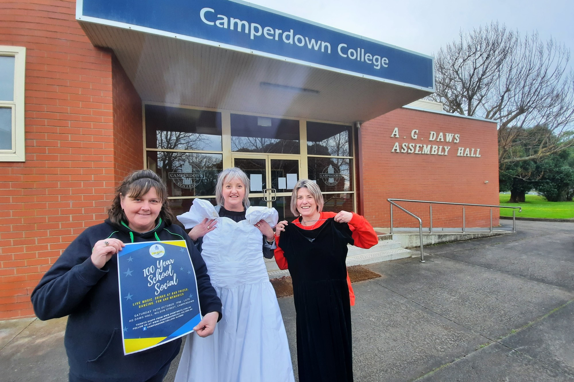 Celebration: Camperdown College 100 Year Celebration organisers Kellie Kempton, Paula Regan and Kim Helmore with items they’ve worn themselves to events in the AG Daws Hall over the years are looking forward to a social as part of celebrations.