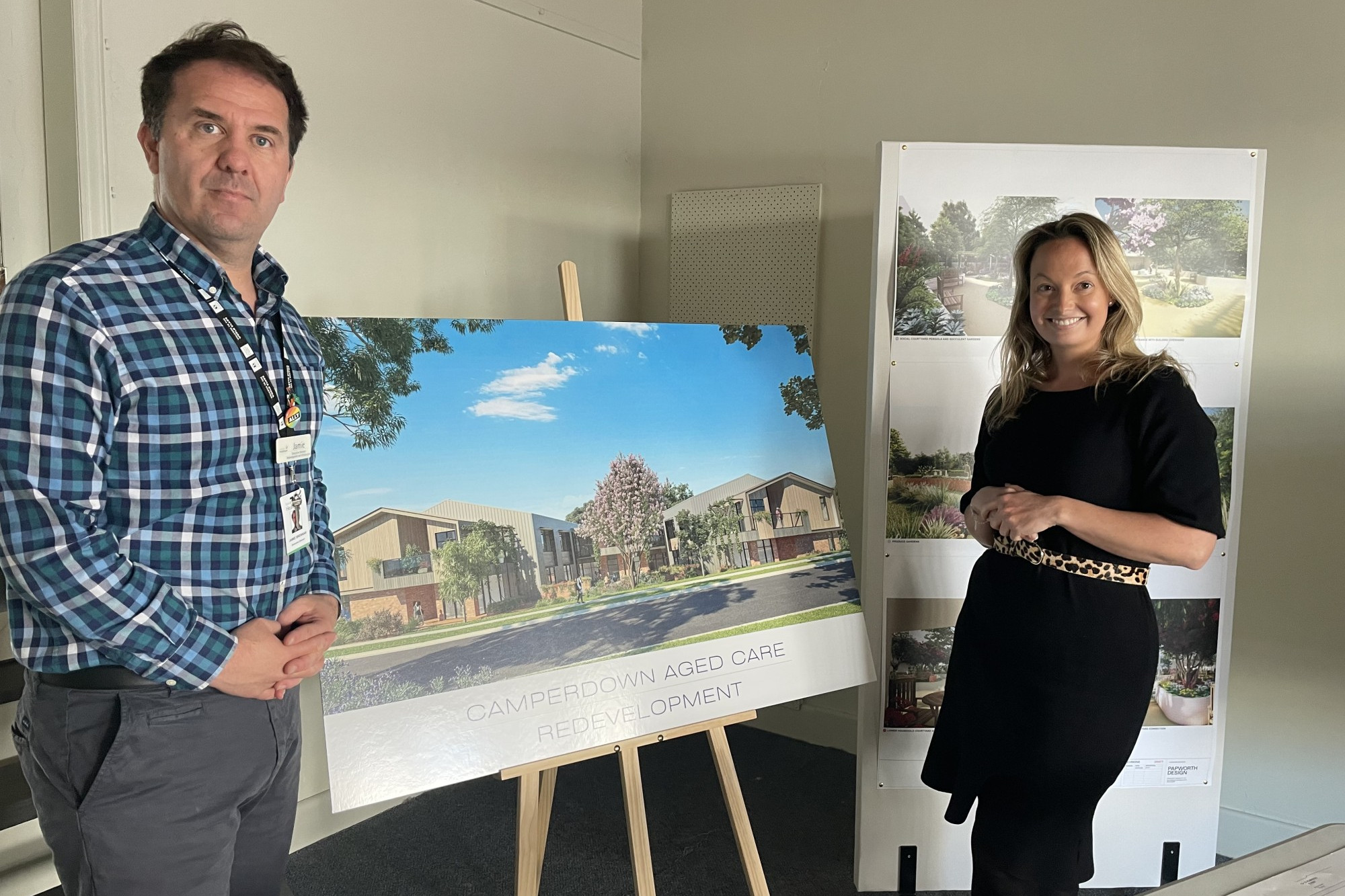 Rebuild update: SWH’S Jamie Brennan and Imogen Cakebread spent time running through the Merindah Lodge rebuild plans in Camperdown.