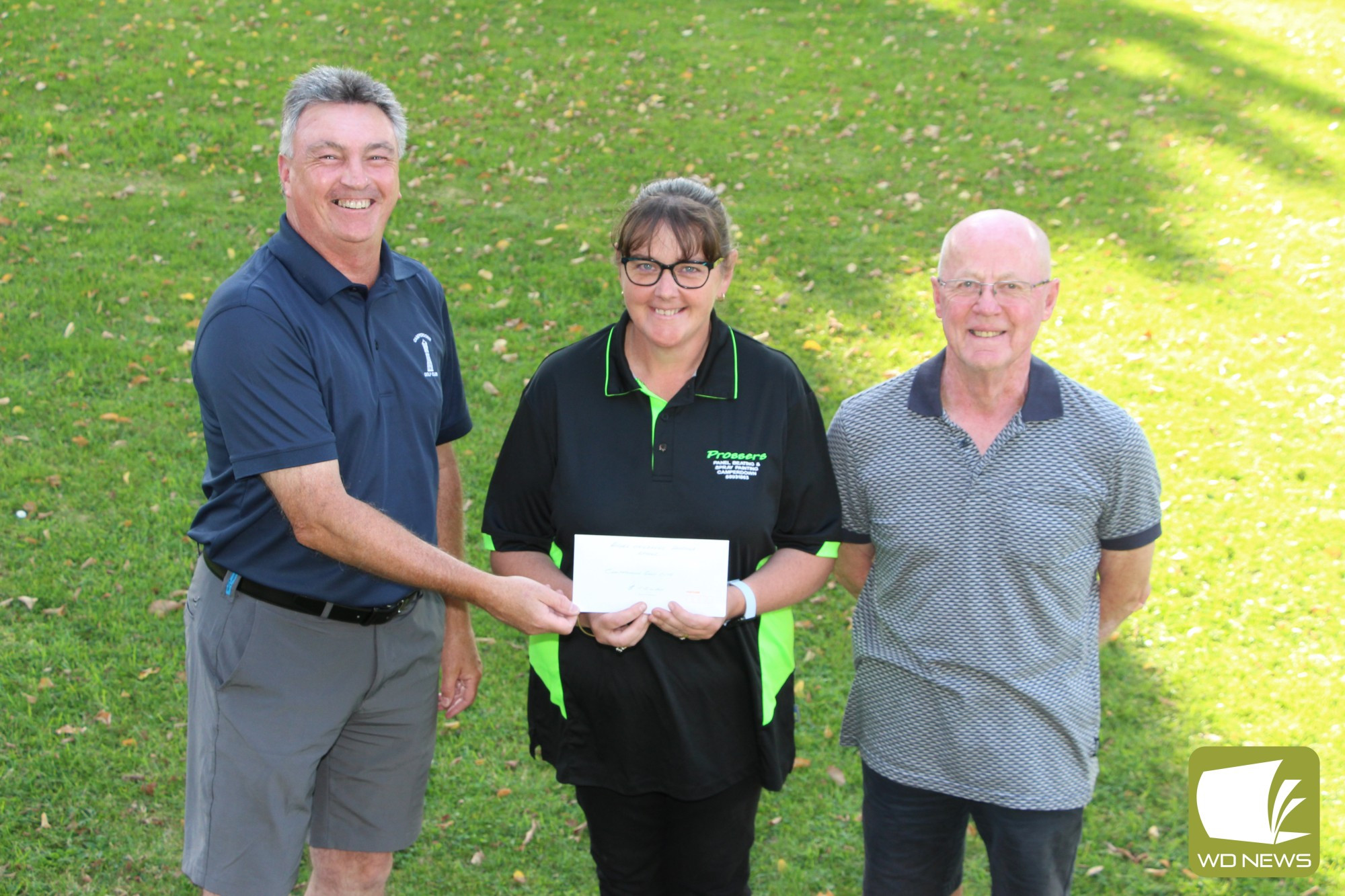 Bad putting, great cause: Camperdown Golf Club men’s captain Tom Moran (left) and match committee member Norm Tonks helped Camperdown’s Good Friday Appeal off to a strong start this week, presenting Camperdown area manager Kellie Kempton with a $1115 donation courtesy of the more forgettable moments on the course.