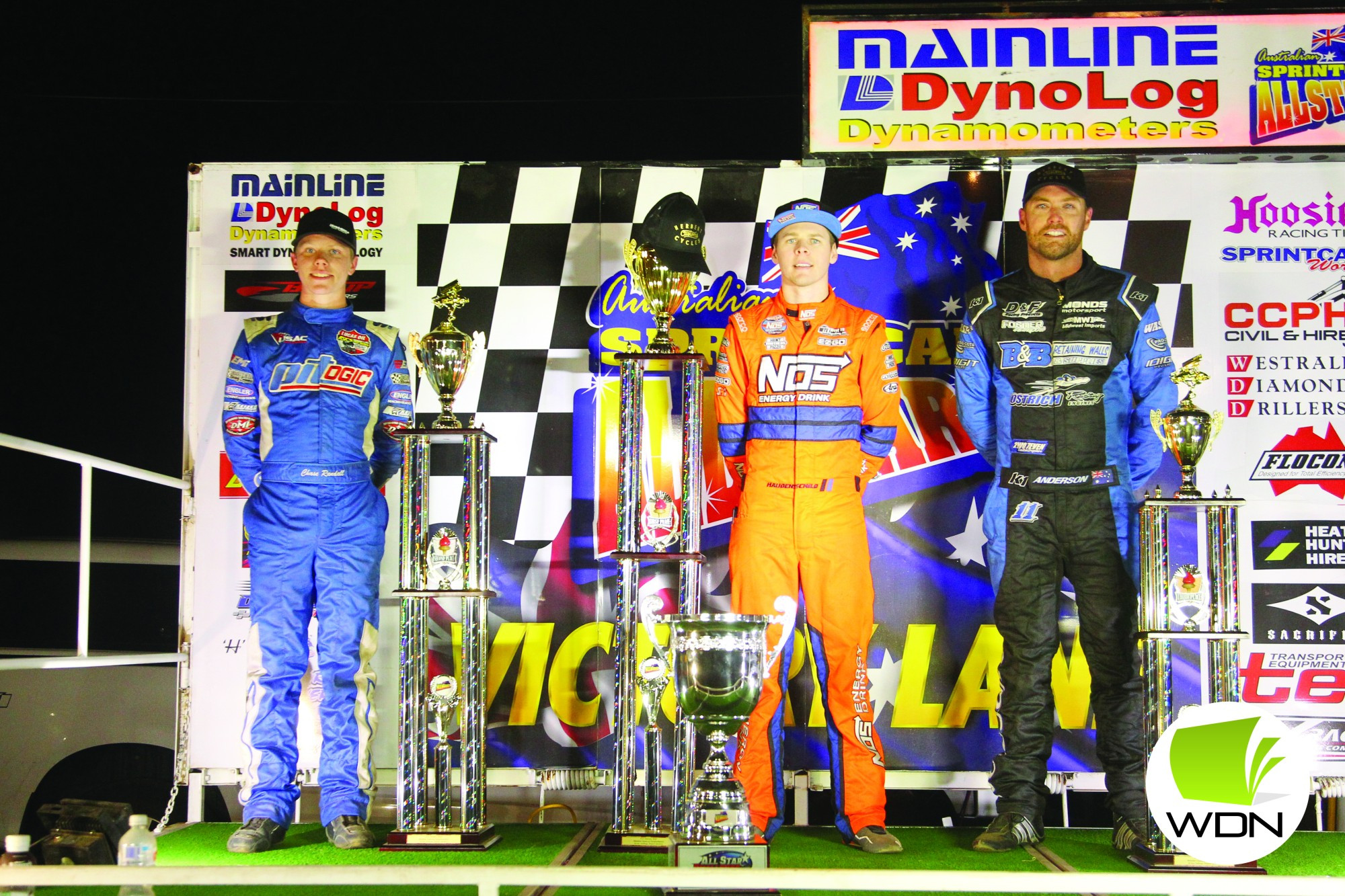 Simpson Speedway podium left to right; Chase Randall, Sheldon Haudenschild, Grant Anderson. Photo Geoff Rounds