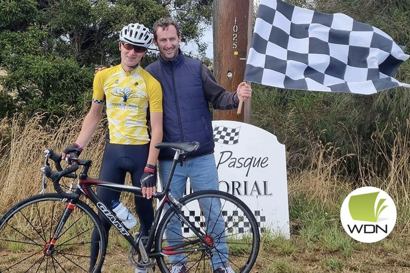 Winner of the 18th Saul Pasque Memorial race, Oliver Clark, celebrates with Cain Pasque.