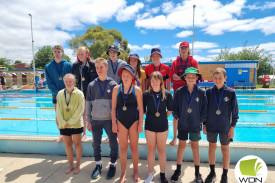 Age group champions: back row, from left – Logan Howard, Eliza O’Neil, Brock Stephens, Lily Maskell, Georgie Oborne and Taj Cunningham; front – Evie Clementson, Oliver Clark, Sophie Halliday, Charlotte-Rose Richardson, Fletcher Tolland and Nate Castle. 