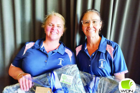 Camperdown women’s 4BBB winners Gabby Gill (left) and Leah Cheeseman clinched victory with a 45-point performance. 