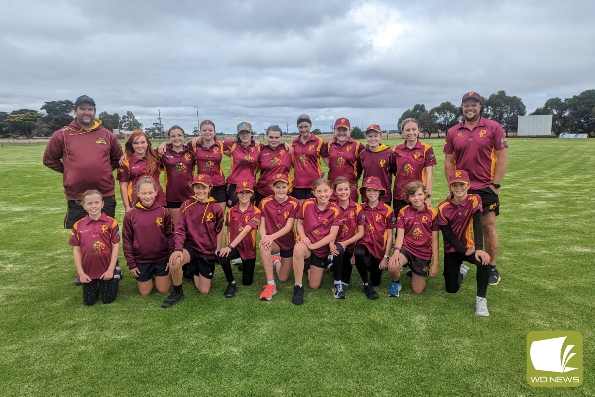 Pomborneit Gold and Pomborneit Maroon celebrate a successful season. Back row, from left: Matt Richardson (Pomborneit Gold coach), Ella Riches, Greta Darcy, Sarah Bridges, Charlotte Richardson, Regan Norman, Zoe Roberts, Isla Spokes, Lilli Saarikallio, Imogen Leahy and Dave Murphy (Pomborneit Maroon coach). Front: Scarlett Saarikallio, Elle Mahony, Elisha Boyd, Scarlett Whitehead, Meg Nolan, Reagan Webb, Pippa Murphy, Marissa Whitehead, Emily Reynolds and Isabelle Pilley).