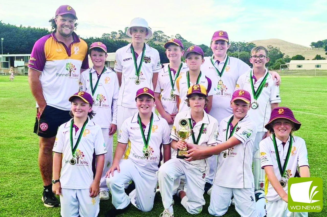 Pomborneit Maroon coach Dave Murphy with Miller Murphy, Dermot Conheady, Marc Van Es, Sam Tolland, Jake Van Es and George Sadler; front: Rieley Dempsey, Bailey Fox, Josh Reynolds (captain), Hugo Saarikallio and Crawford Dunn.