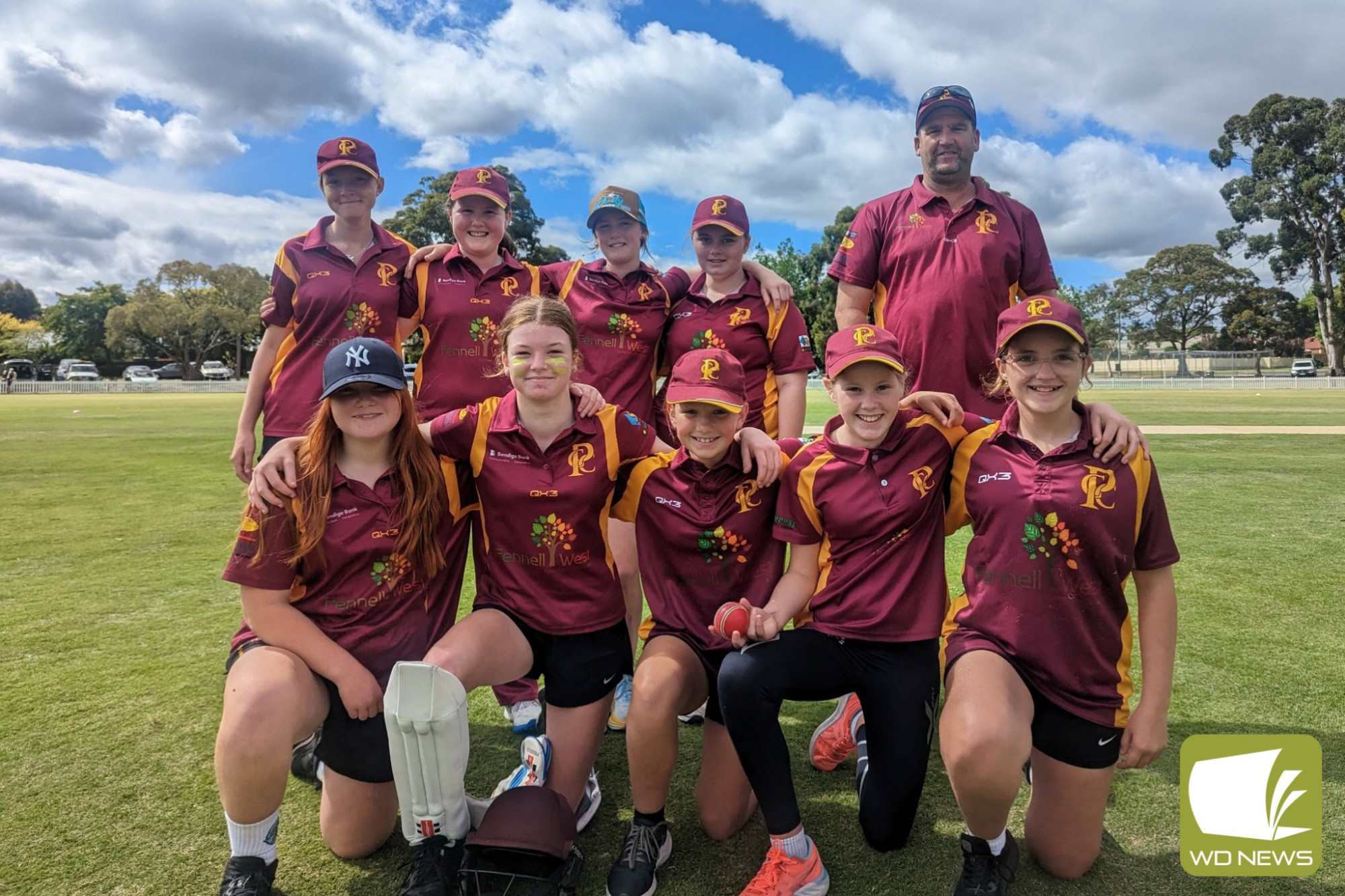 Pomborneit Gold under 13 girls’ grand final team. Back row: Zoe Roberts, Isla Spokes, Charlotte Richardson, Regan Norman and Matt Richardson (coach). Front: Ella Riches, Sarah Bridges, Elle Mahony, Meg Nolan and Greta Darcy.