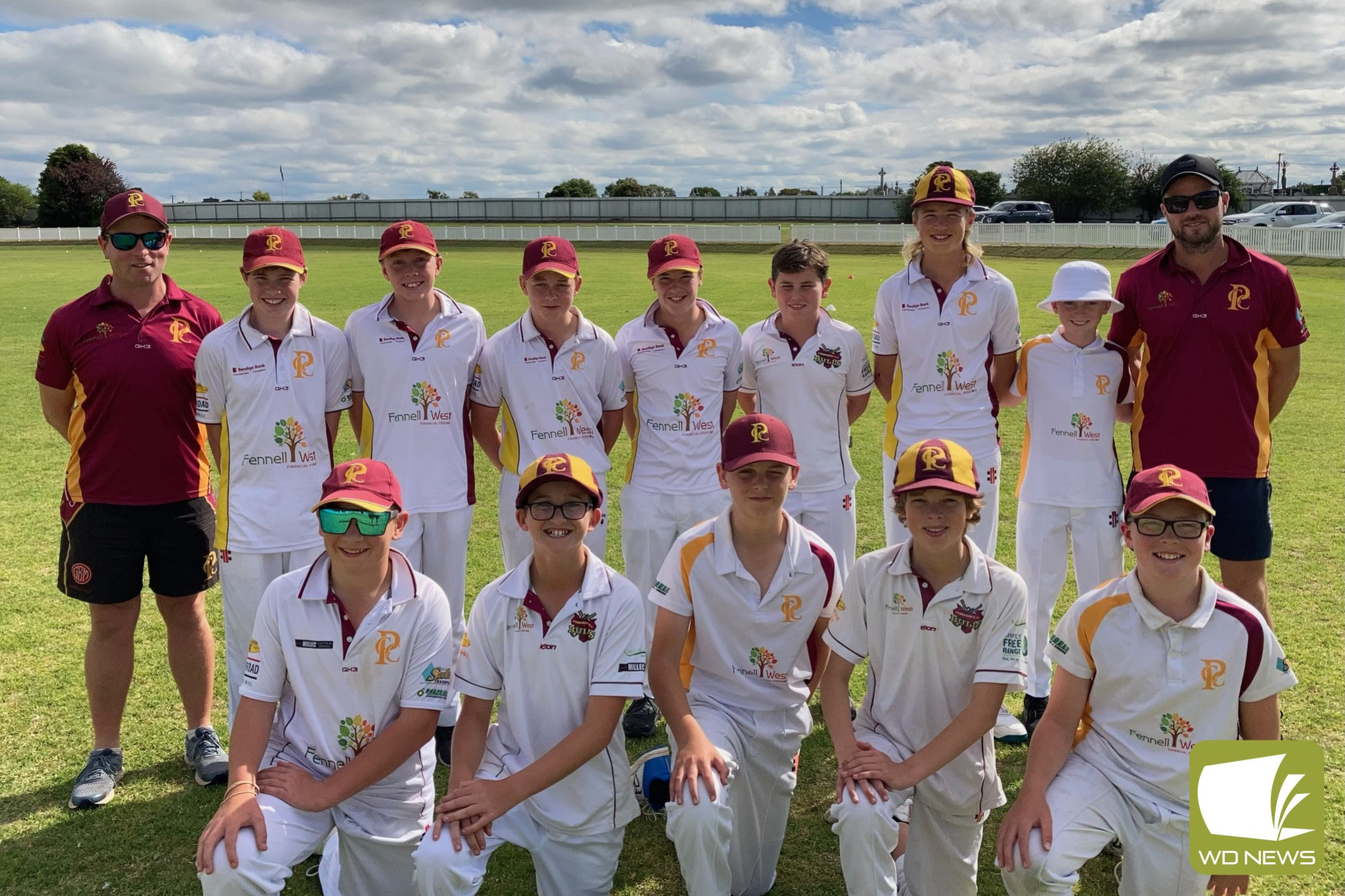 Pomborneit’s under 14 grand final team. Back row from left: Luke Reynolds (coach), Max Rees, Jonty Raven, Levi Coote, Harry Jenkins, Ollie West, Patrick Spokes, Hugo Chivell and Simon Tolland (coach). Front: Samuel Fryers, George Sadler, Fletcher Tolland (captain), Josh Reynolds and Finn Huggins.