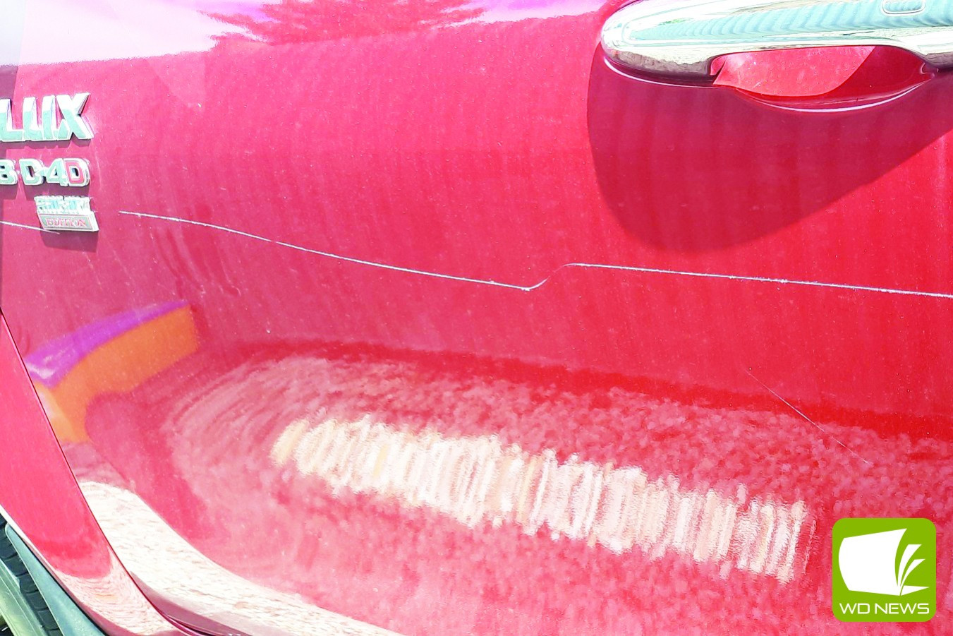 “Cowardly and low”: Mick Beecham’s red Hilux Ute was keyed near the Derrinallum Bowls Club after a weekend finals celebration.