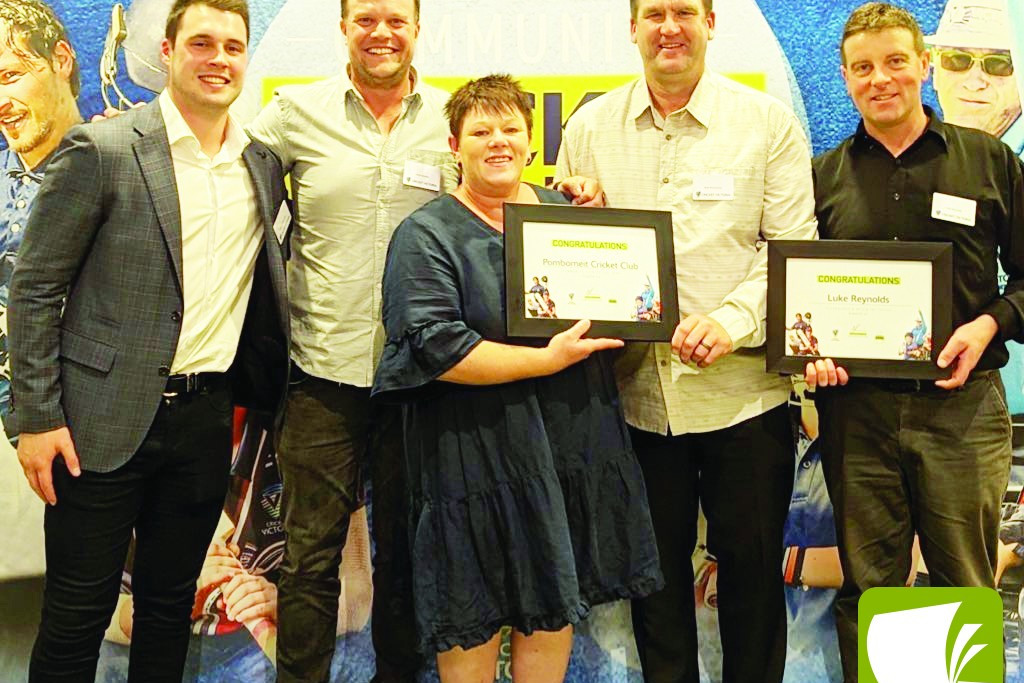 Western Country and Central Highland Cricket manager Damon Williamson and Pomborneit committee members Dave Murphy, Julie Whytcross, Matt Richardson and Luke Reynolds.