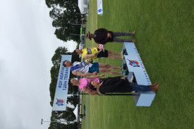 Luke Northeast (far right) and Rachael Burns (left) presentated trophies and sashes to podium finishes in the Roy Northeast Terang Gift. 