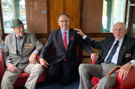 Grand opening: Member for Polwarth Richard Riordan (centre) helped officially open the Terang Returned and Services League tram installation last Sunday, alongside World War II veterans Len Pomeroy (left) and Sam Wiltshire.