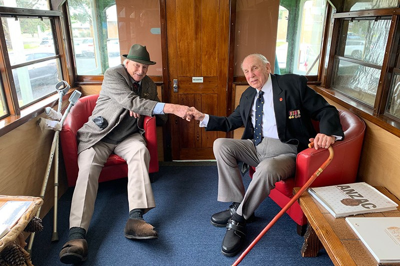 Honouring veterans: Local World War II veterans Len Pomeroy and Sam Wiltshire helped open the new tram installation at the Terang Returned and Services League (RSL) hall on Sunday.