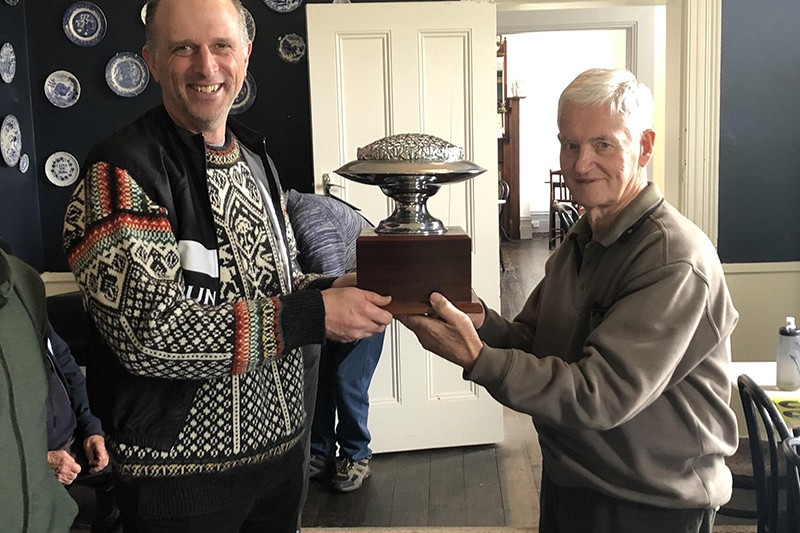 Fergus Fitzwater (left) is presented with the Maurice Stewart Memorial by Stewart’s brother Stan.