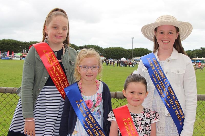 Tip top: Noorat Show Junior Show Person competition winners Zoe Unwin (second from left) and Isabella Pickford (far right) celebrated alongside runners-up Lila Horspole and Olivia Barber at Saturday’s show day.