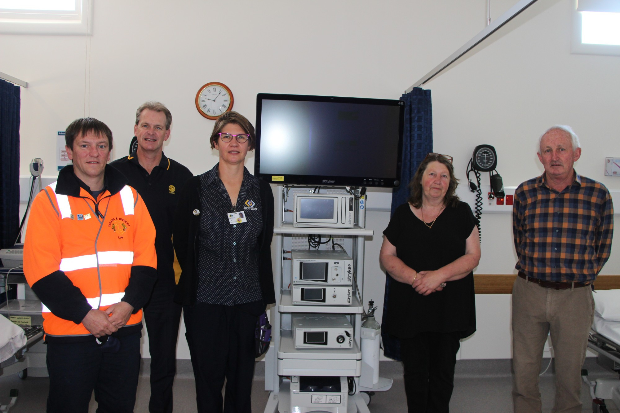 Generosity: Terang and District Lions president Lee McIntosh (from left), Rotary Club of Terang president Brendan Williams, TMHS theatre services coordinator Elizabeth Mioduchowski, Terang Community Op-Shop coordinator Andrea Balcombe and Terang & District Racing Club vice-president Shane Scally welcome the addition of TMHS new laparoscopic surgery tower.