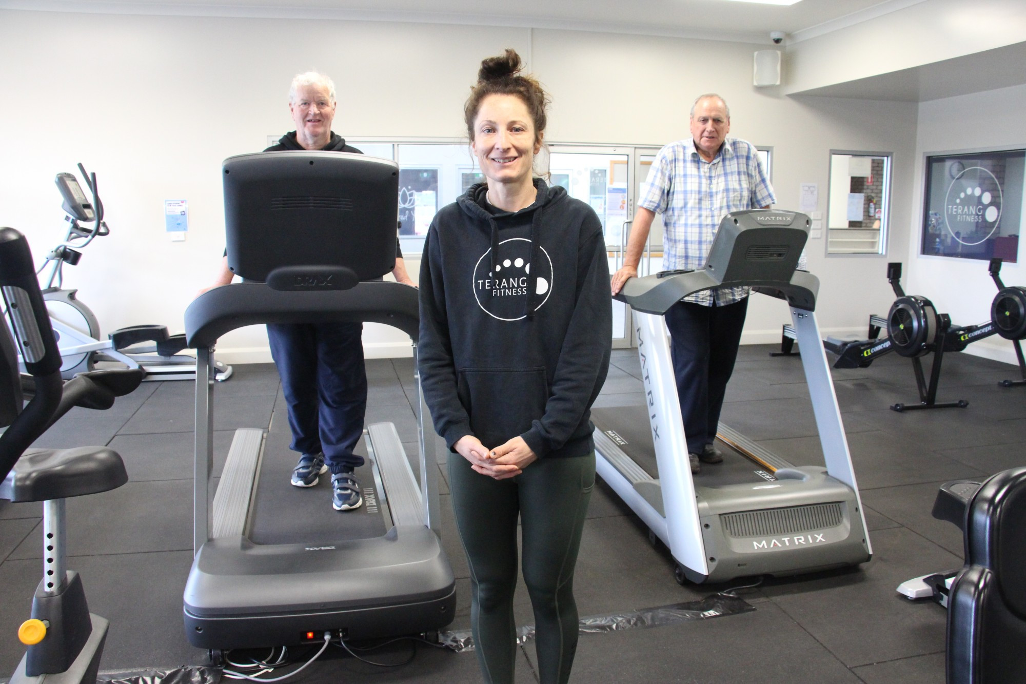 Back in action: Terang Fitness manager Kelly Mullen has been happy to see the return of users including Daryl Wilson (left) and Ray Worland to the town’s gym.