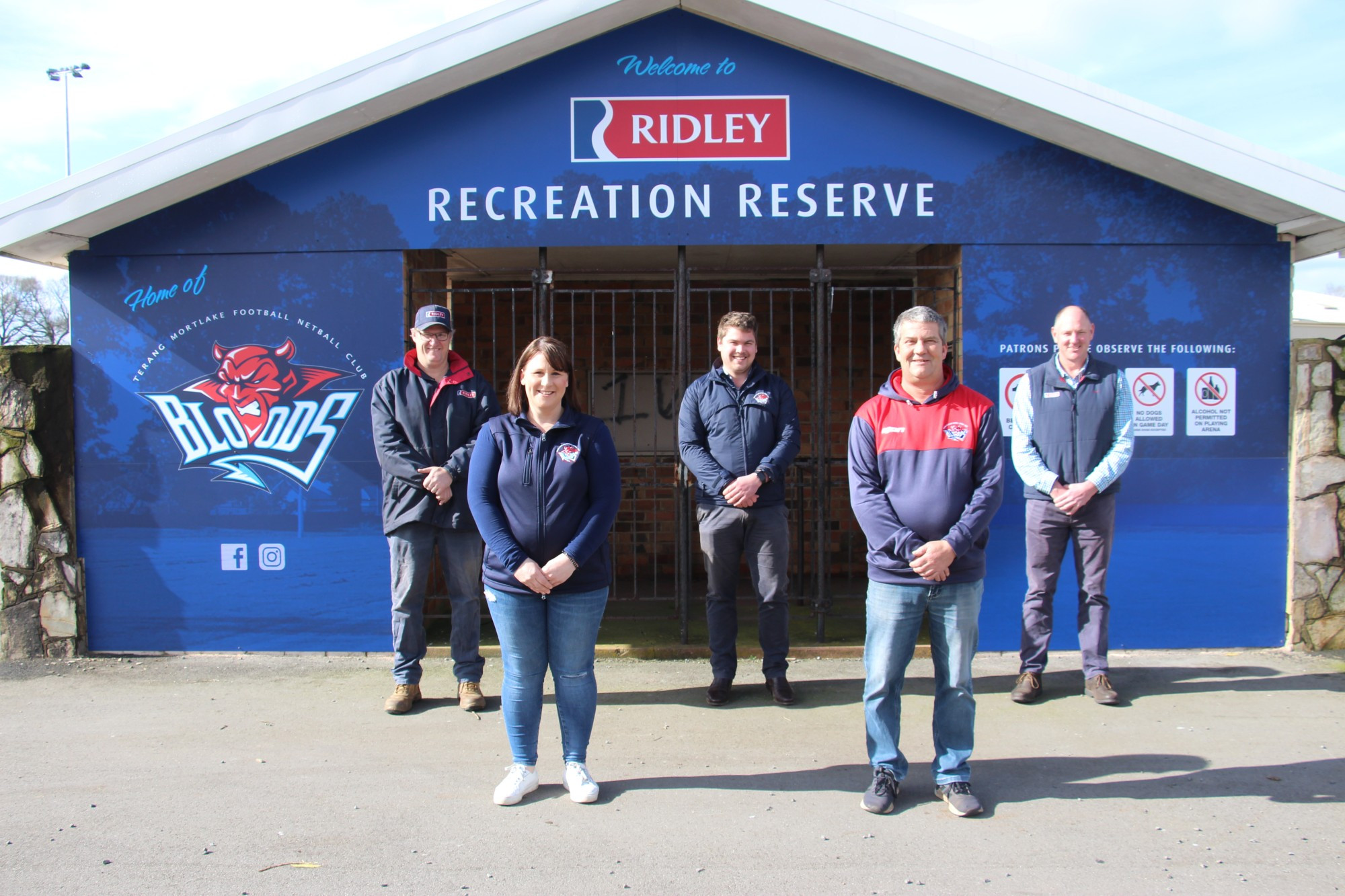 Special day: A new sponsorship deal between Terang Mortlake Football Netball Club and Ridley will see the Terang Recreation Reserve renamed Ridley Recreation Reserve. Ridley employees Stephen Vaughan (far left) and Matt Schrama (far right) announced the deal alongside club officials Melissa Irving, Michael Williams (centre) and Dave Roberts on Tuesday.