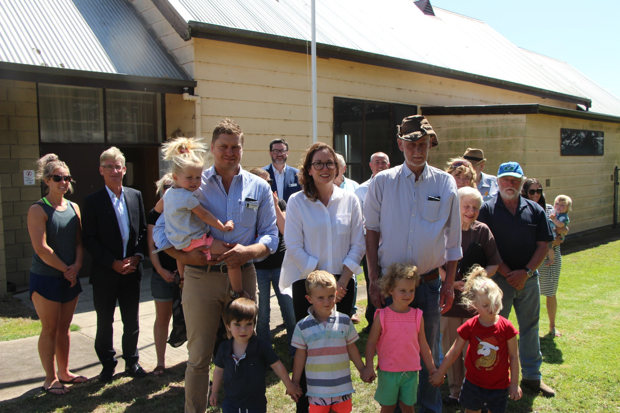 Funded: Garvoc residents were overjoyed when Moyne Shire mayor Daniel Meade (from front left) and Minister for Regional Development Jaclyn Symes joined Garvoc and District Residents Association president Leo Campbell and members of the community to announce funding for Garvoc’s new community hub.