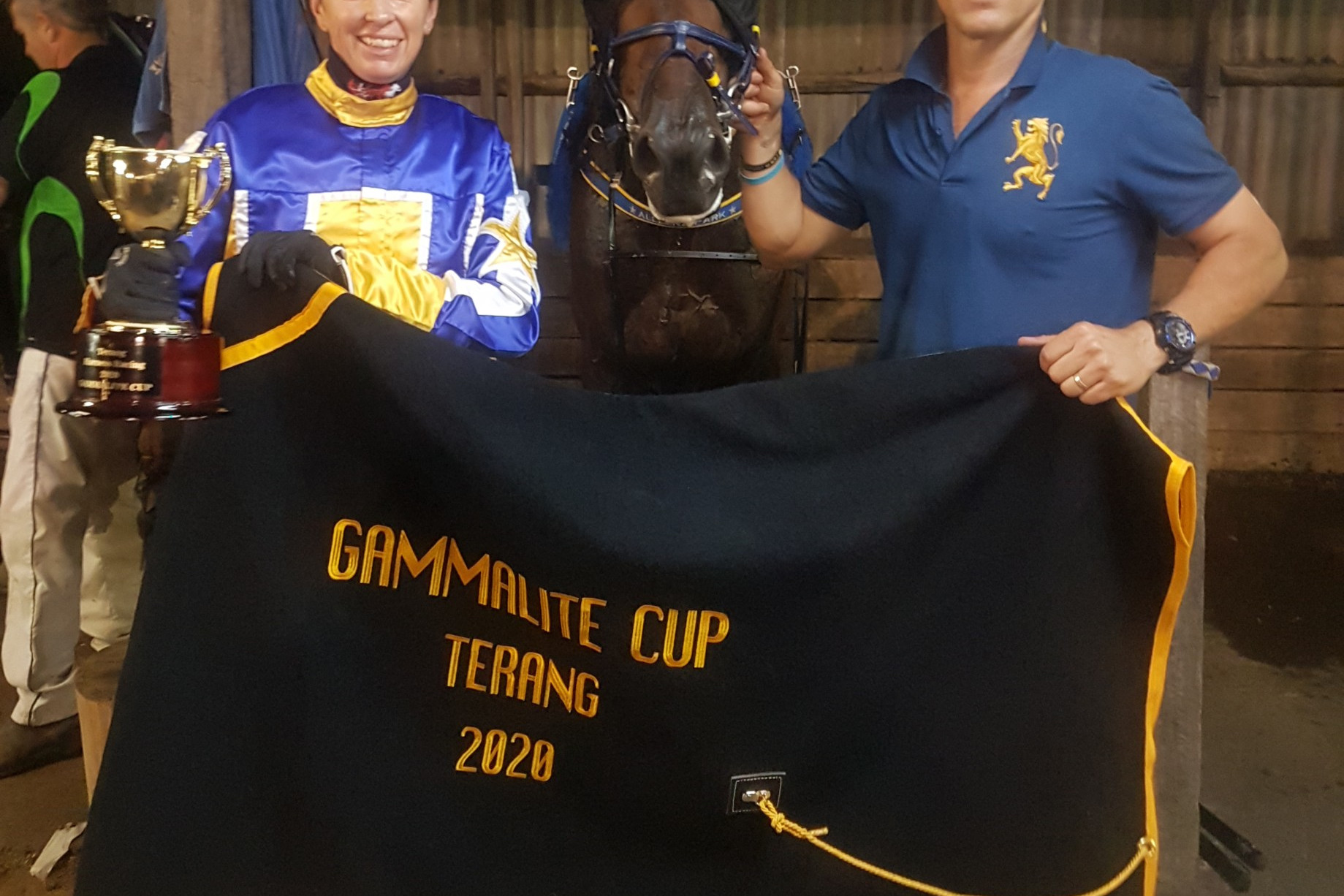 Gammalite Cup winner Major Assassin with victorious driver Kerryn Manning and successful trainer Grant Campbell.