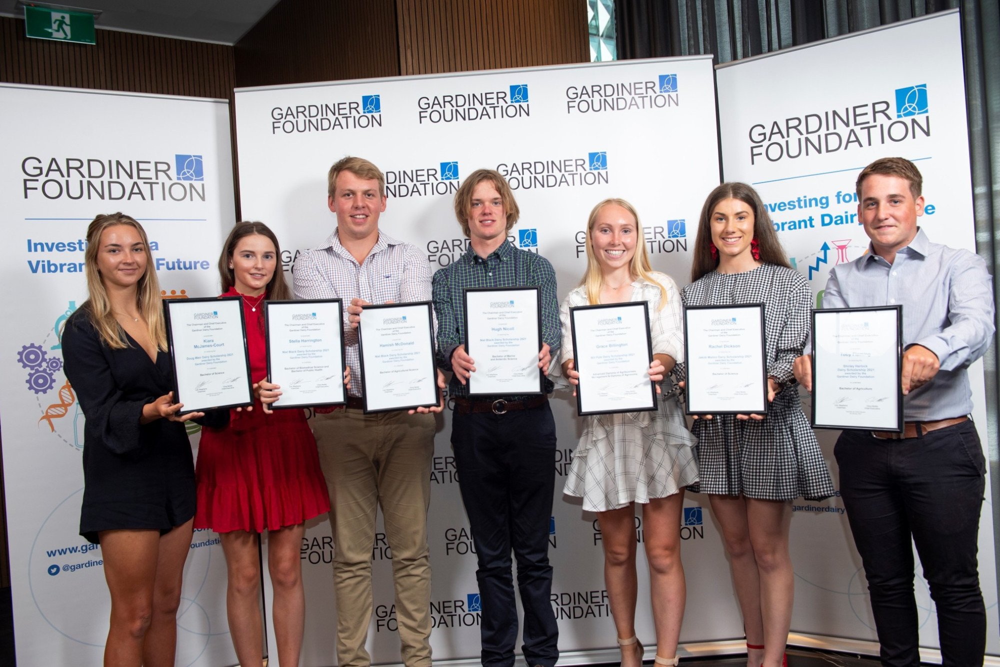 Next generation: 2021 Gardiner Dairy Foundation Tertiary Scholars Kiara McJames-Court, Stella Harrington, Hamish McDonald, Hugh Nicoll, Grace Billington, Rachel Dickson and Toby Fleming.