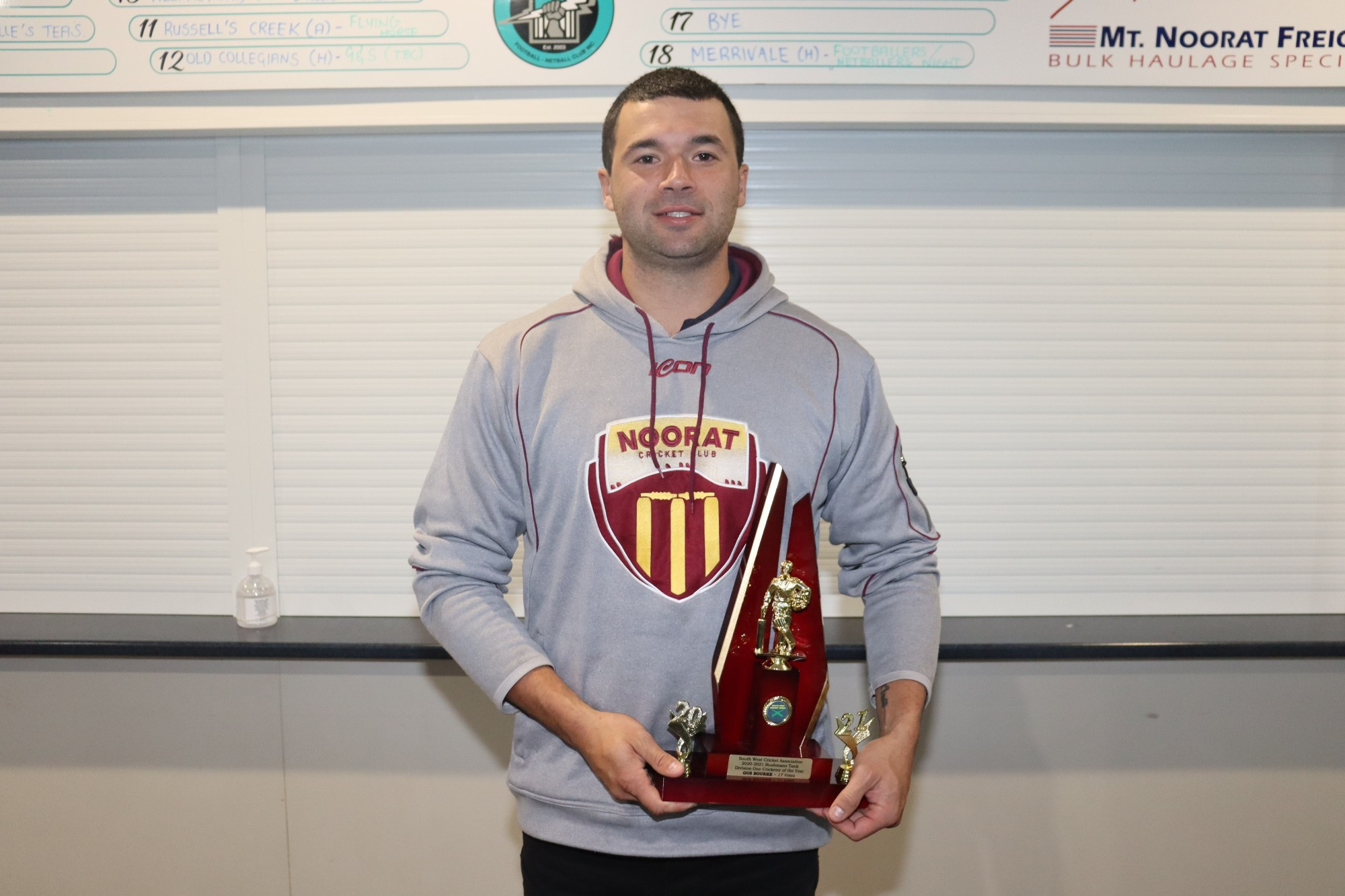 Noorat all-rounder Gus Bourke shows off his 2020/21 Cricketer of the Year trophy.