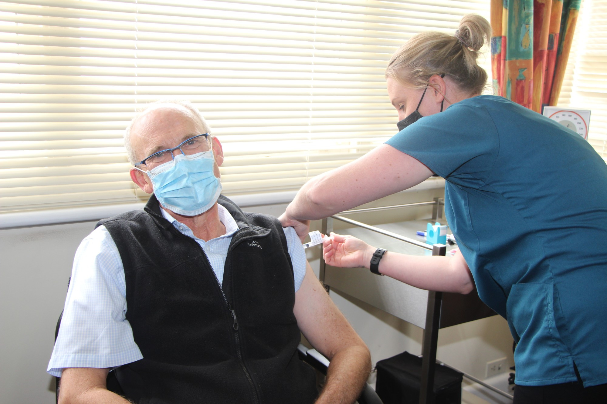 Vaccination: Dr Tim Fitzpatrick was among the first locals to receive the COVID-19 vaccination from week, with nurse immuniser Melissa Callesen administering the jab at the Terang Medical Clinic on Monday.