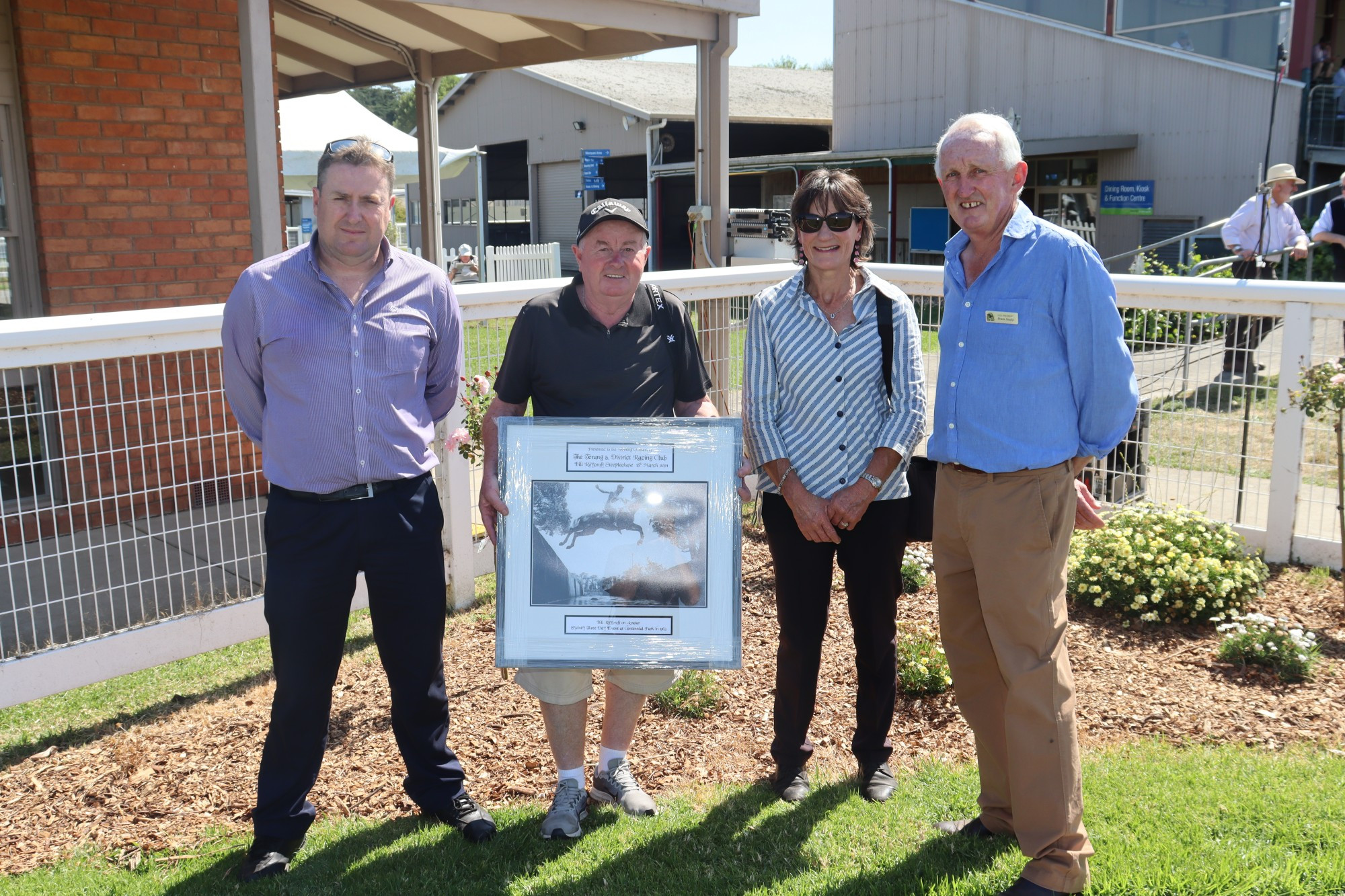My King’s Counsel connections (l-r) Peter Cannon, Dean Webster and trainer Kathryn Durden with Terang and District Racing Club vice president Shane Scally.