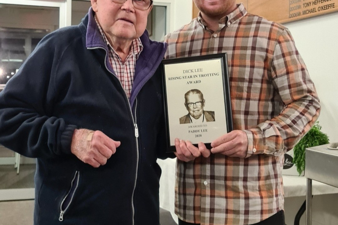 Dick Lee (left) presented Paddy Lee with the Dick Lee Rising Star award at the Terang Harness Racing Club recently.