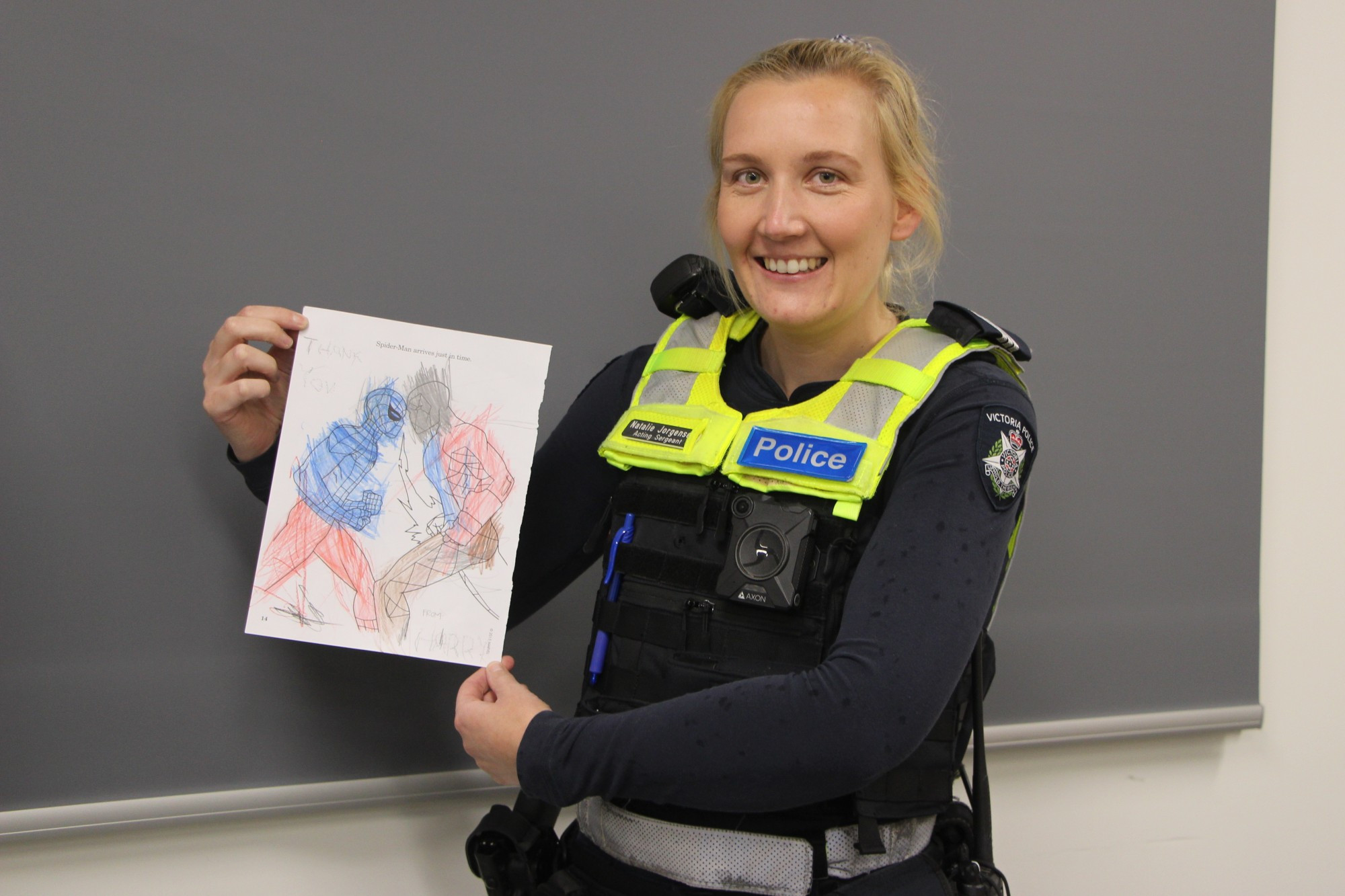 Thank you, Harry: A thank-you drawing left at Terang police station by “Harry” has lifted spirits of local officers, according to Terang Police acting sergeant Natalie Jorgensen.