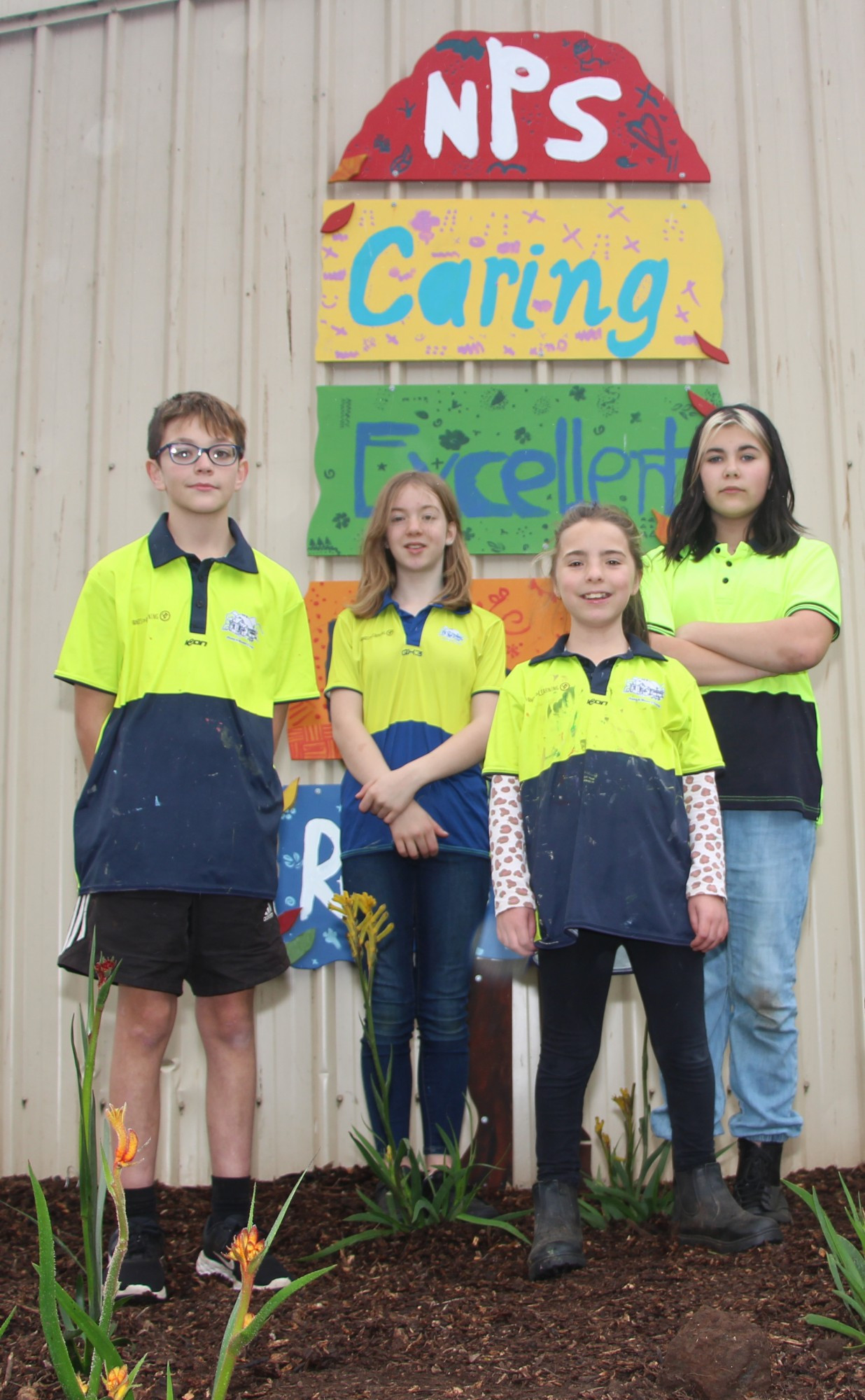 Noorat Primary School’s Hands on Learning team members Max Teuma, Taylor Hansen, McKenzie Gurry and Sienna Duynhoven recently planted a new native garden adorned with signs displaying the school values.