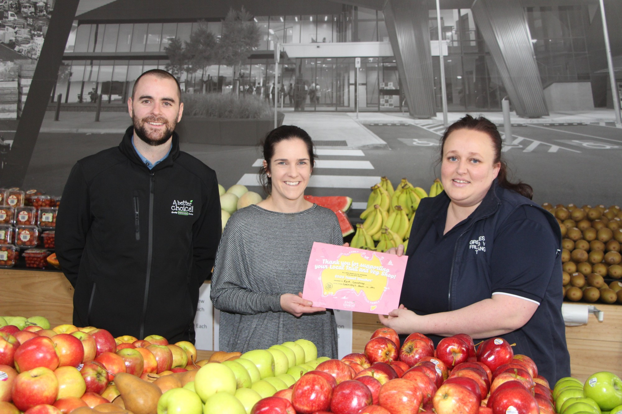 Supporting local: Kylie Conheady (middle) received a $500 travel voucher last week, which she won as part of a national initiative to support local fruit and vegetable retailers. She was joined by A Better Choice state program co-ordinator Zac Egan and Greavesy’s Fruit & Veg co-owner Cassie Greaves.