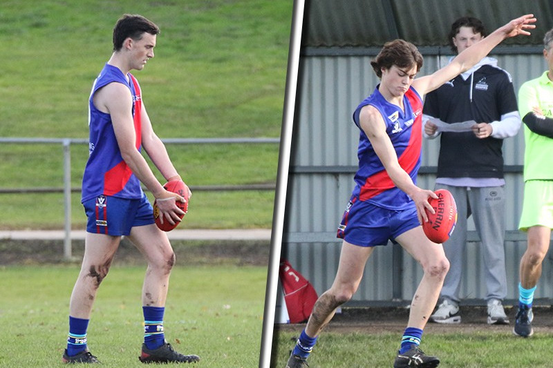 On target: Will Kain lines up for one of six goals he booted through on the way to his side’s 22-point win over Camperdown while (next photo) Xavier Vickers plays his part.