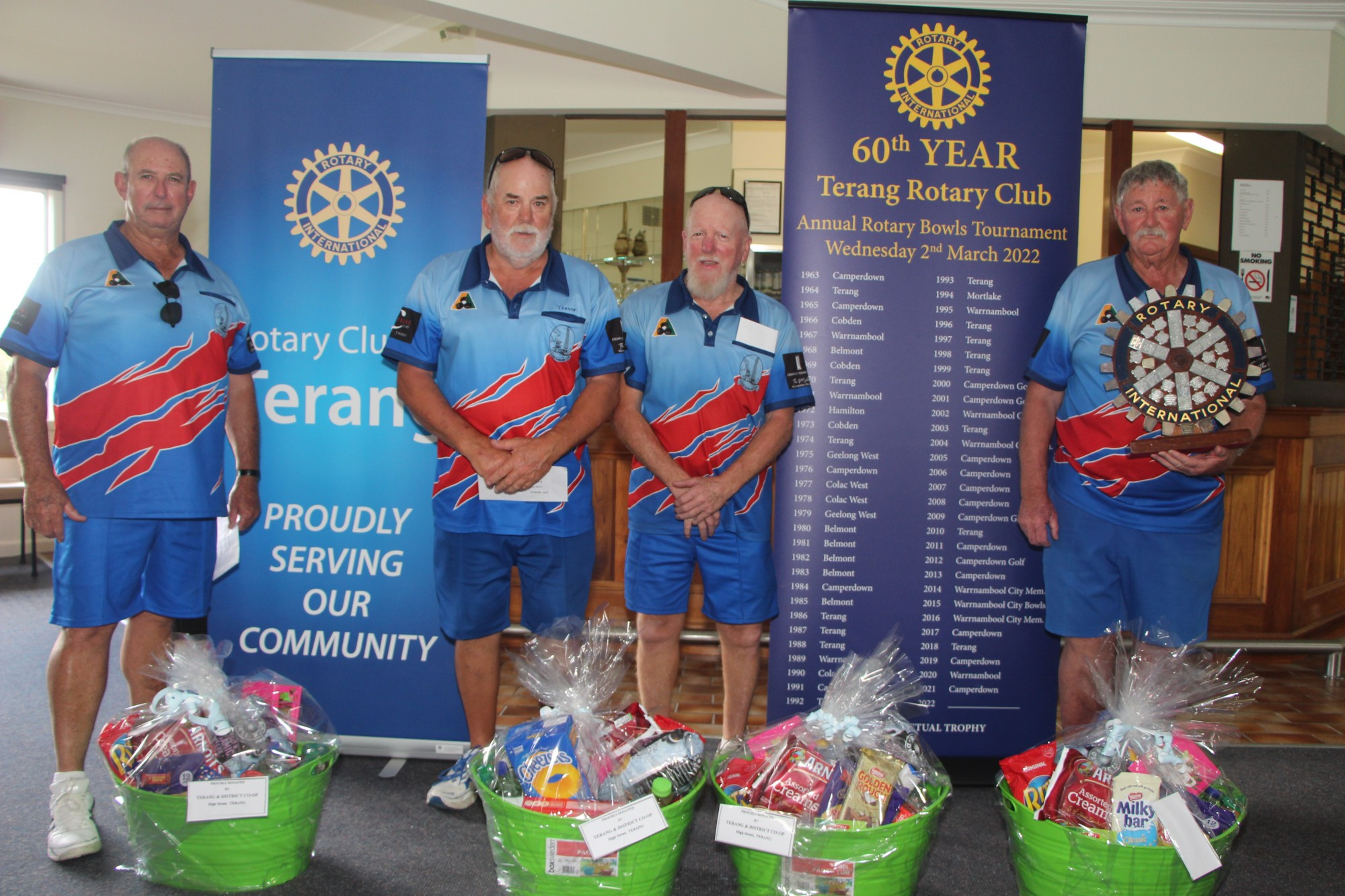 Winners: Peter Thompson (from left), Trevor Rees, Greg Wynd and Jack Fowler took home the win and a hamper full of goodies courtesy of the Terang IGA Co-op at the 60th annual Rotary Bowls Day Tournament.