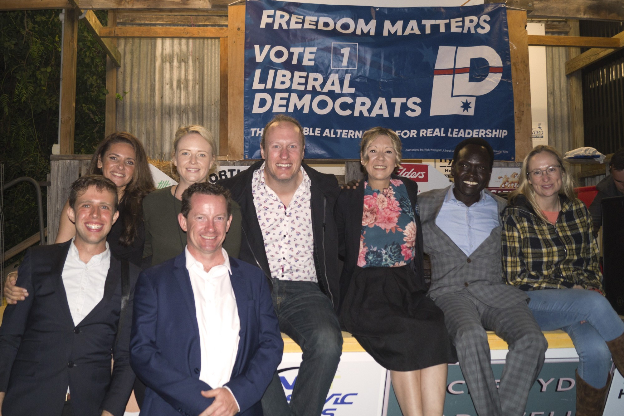 On the trail: Local candidate for Wannon, Amanda Mead (third from right) of the Liberal Democrats, brought a host of party members to guest speak at a campaign dinner in Mortlake over the weekend.