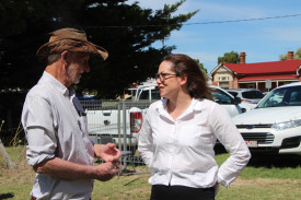 Leo Campbell pictured discussing the details of the Garvoc community hub with Jaclyn Symes MP at the funding announcement in 2020.