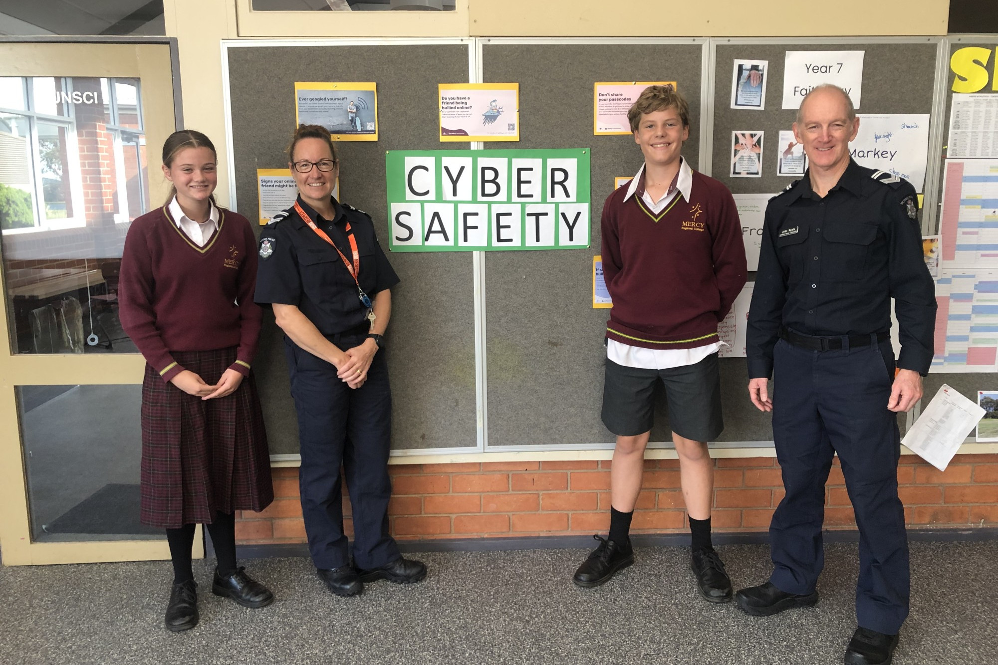 Staying safe online: John Keats and Brooke Pollack of Warrnambool Police visited students at the Mercy Regional O’Keeffe junior campus on Tuesday to discuss cyber safety with students.