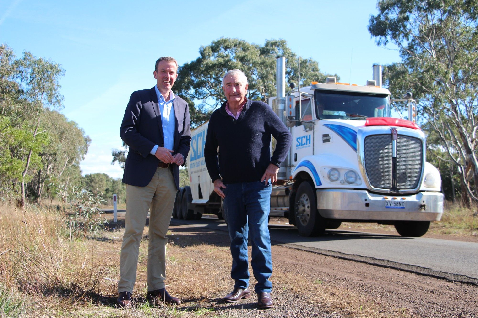 On the mend: Member for Wannon Dan Tehan (left, pictured with Moyne Shire mayor Ian Smith) visited the region on Monday to announce more than $11 million in road upgrades.