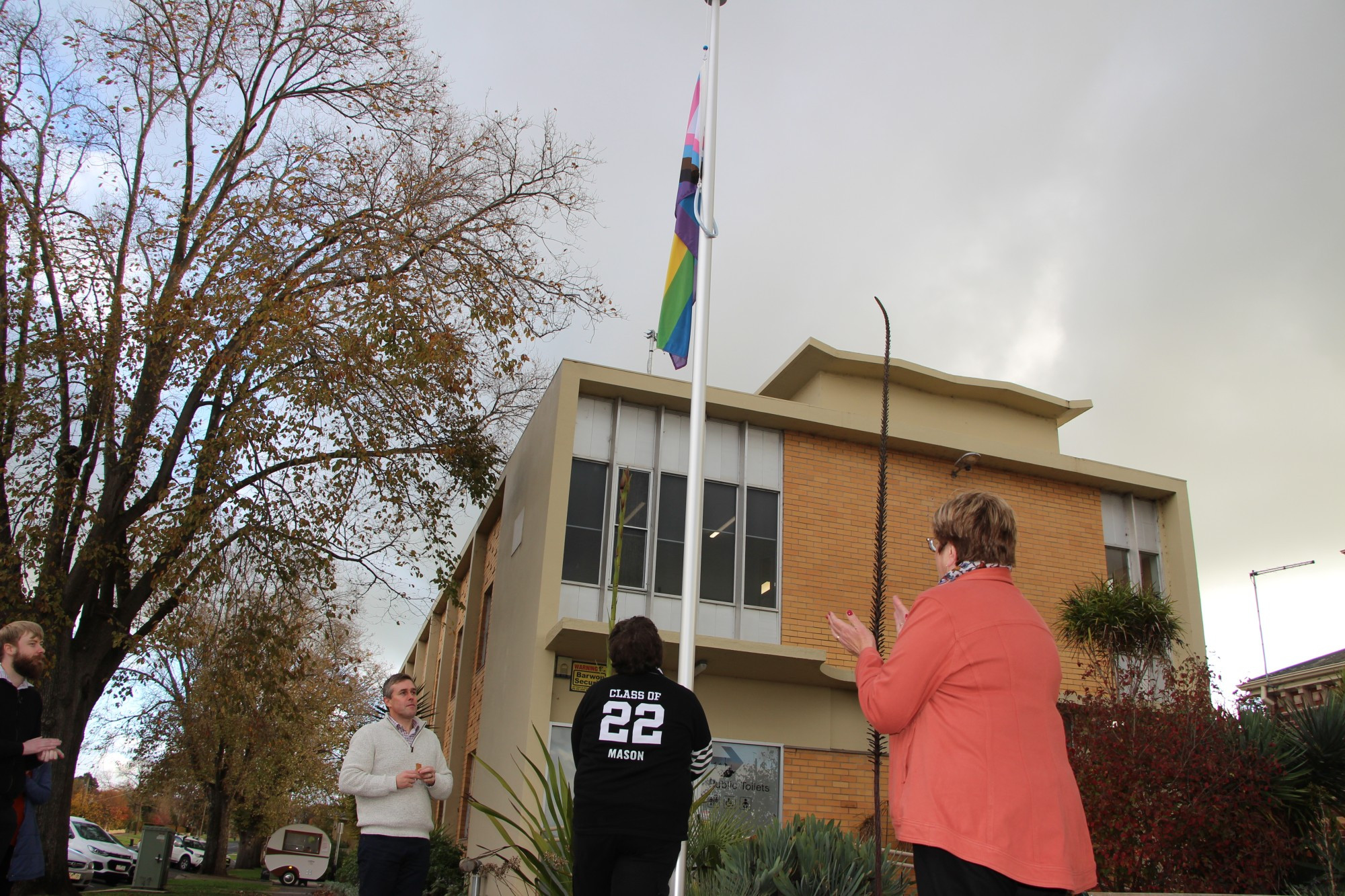 In solidarity: Corangamite Shire youth councillor Mason Bailey raised the rainbow flag at the Camperdown Courthouse community flagpole last week.